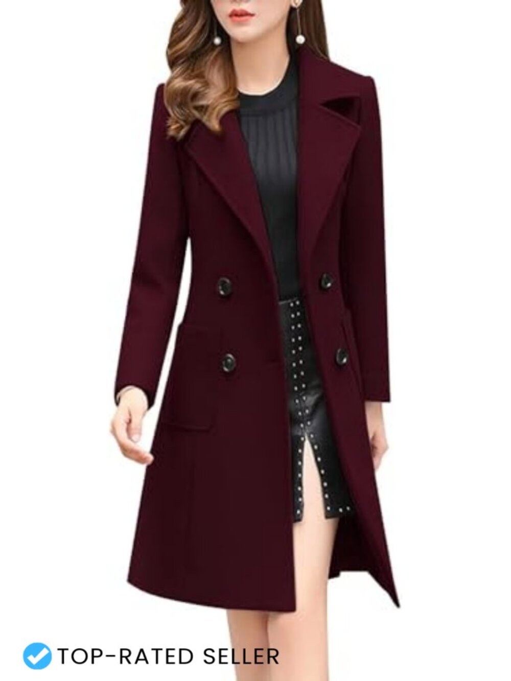 Wool Blend Pea Coat Double Breasted Notched Lapel Winter Overcoat